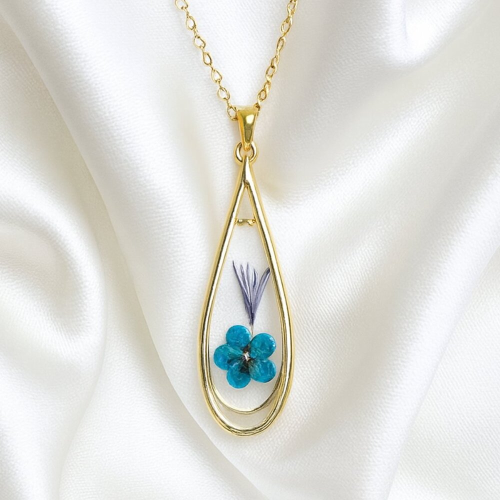 Gold Teardrop Resin Pendant Necklace w/ Preserved Blue Flower – Women's Jewelry